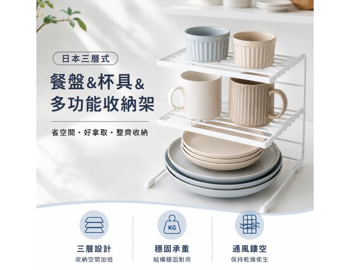 日本三層式餐盤&杯具&多功能收納架